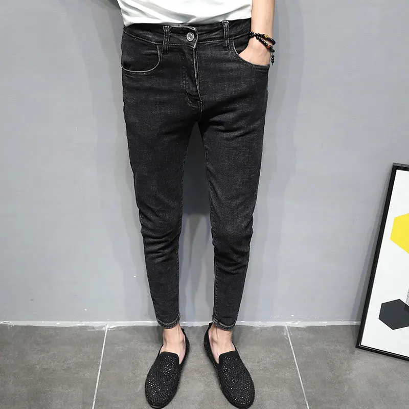 Slim Fit Black Jeans Men's Elastic Trendy Korean Style Casual Nine Points Pants Youth Popular Spring Autumn Winter Jeans