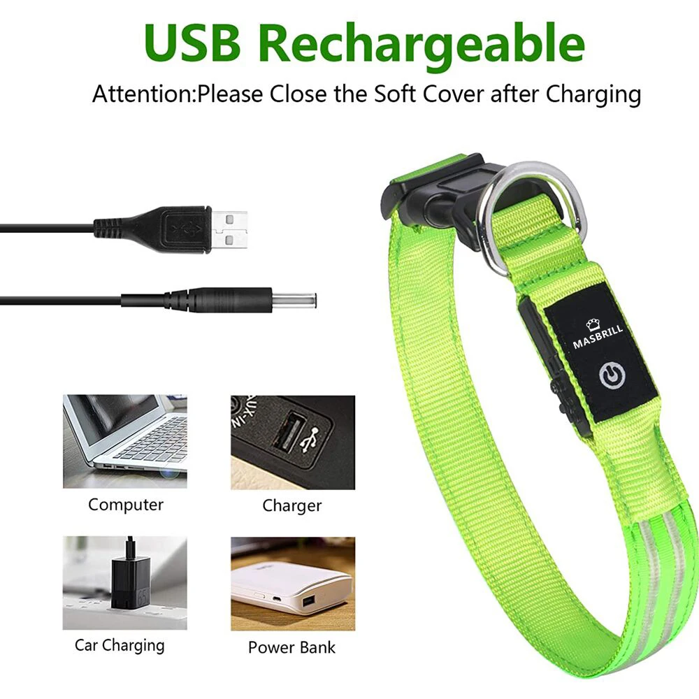 MASBRILL LED Rechargeable Dog Collar 100% Waterproof Glow in the Dark Dog Collar Flashing Light Collar for Small Medium Dogs