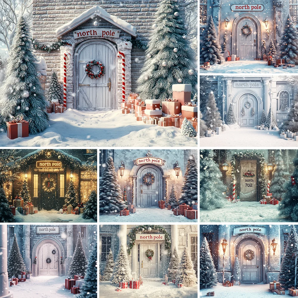 

Photography Background Winter Christmas North Pole Wood Door Xmas Gift Kids Family Portrait Decor Backdrop Photo Studio