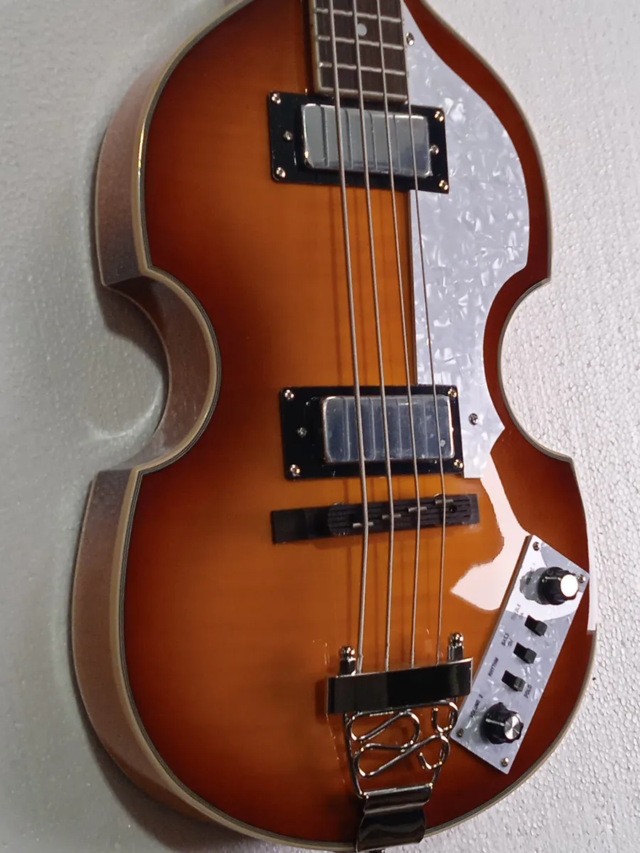 Violin BB2 Electric Bass Guitar, Vintage Sunburst Color, White Pearl Pickguard, Wood Bridge, Full Size, 4 String Bass