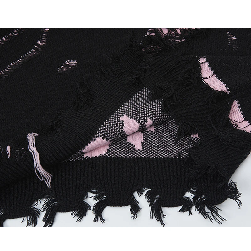 سترة هيب هوب جديدة لعام 2025 ملابس خروج للجنسين داكنة Y2K الجرونج بلوفرات محبوكة مدمرة للرجال والنساء ملابس تريكو فضفاضة