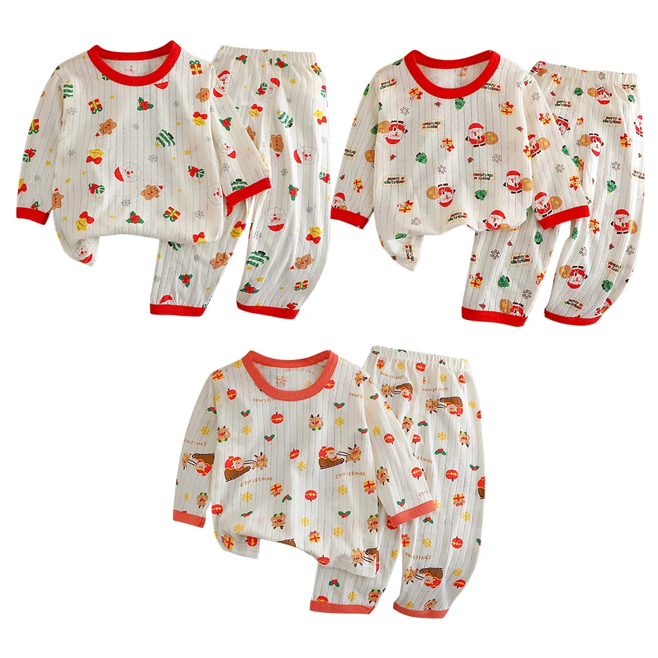 Summer Kids Cotton Pajama Sets Long Sleeve Pants Suitable Baby Gentle Nighttime Comfortable Sleepwear in Air Conditioned Rooms