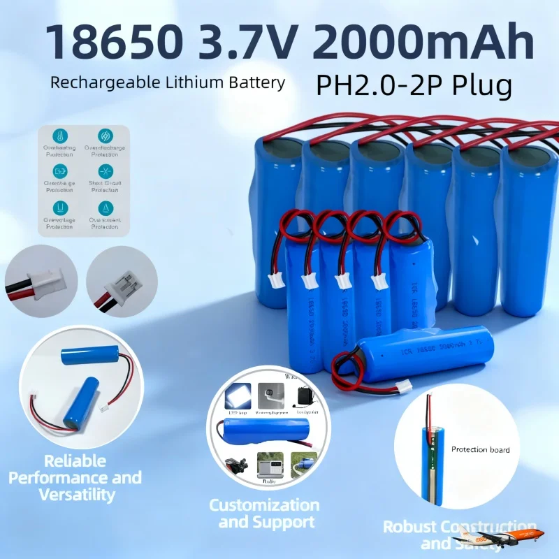 3.7V18650 💍 بطارية ليثيوم قابلة لإعادة الشحن مع موصل PCB PH2.0-2P لصيد الأسماك وأضواء LED ومصابيح كاشفة بلوتوث والإلكترونيات #1
