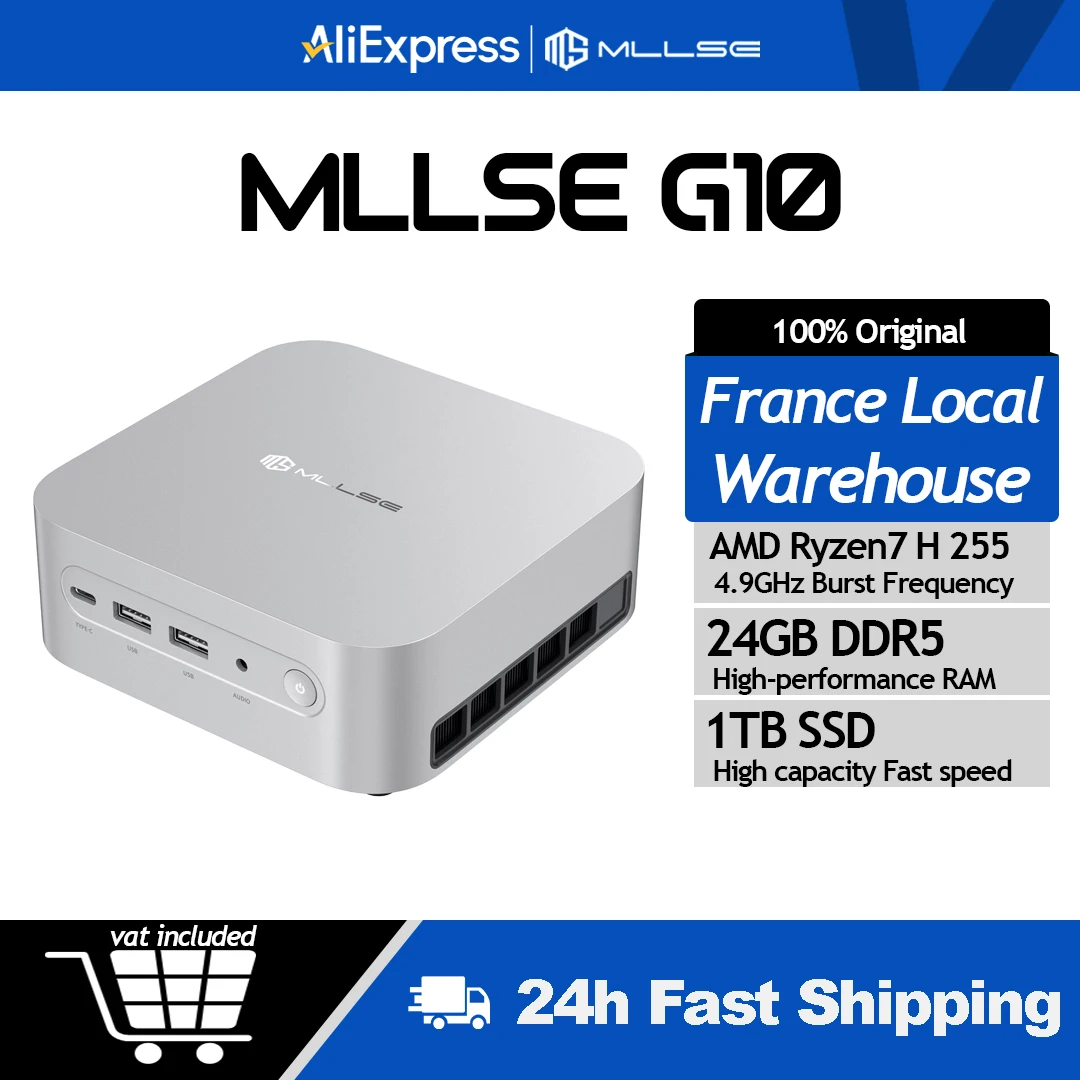 Mini PC Mllse G10, Nouveau AMD Ryzen 7 H 255, 24 Go de RAM, 1 To SSD, Wi-Fi 6, BT5.2, USB4.0, Windows 11 Pro, Ordinateur de Bureau Mini pour Jeux