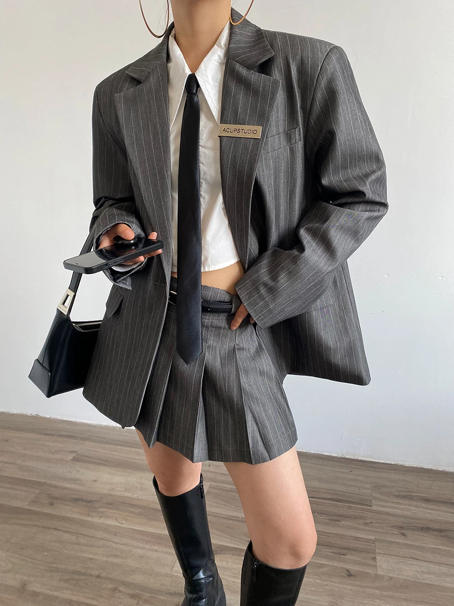 

AcupStudio Jiangyou Upper Advanced Vertical Stripe Suit Set Women's Autumn A-Line Pleated Skirt Two-Piece Set Street Sle