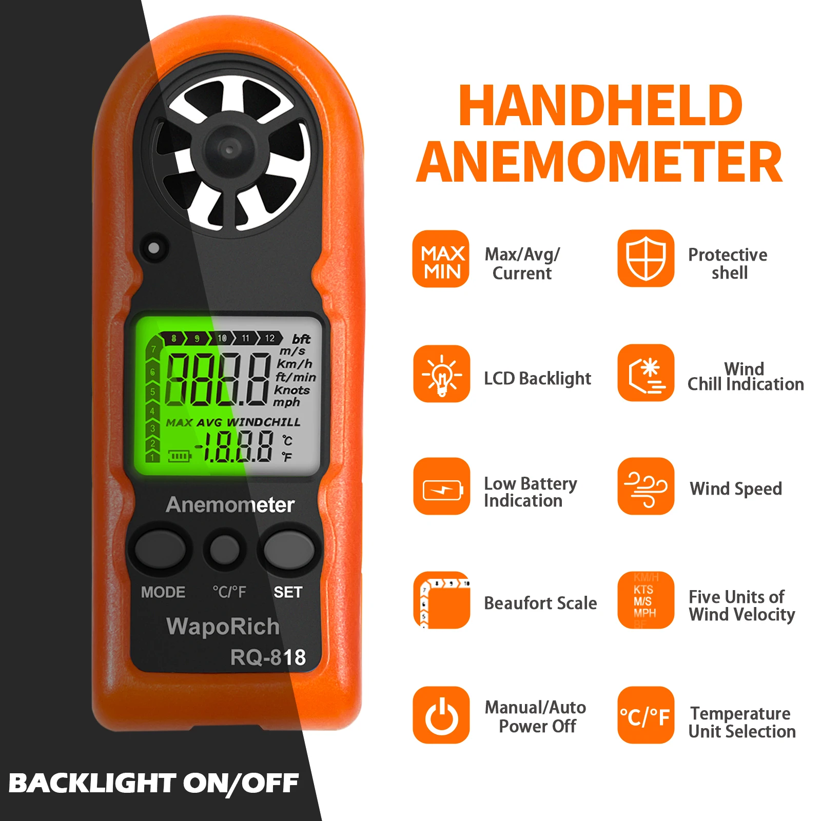 

Handheld Anemometer 0-30m/s High Accuracy Wind Speed & Temperature Meter ℃/℉ LCD Backlight MAX/Average Low Battery