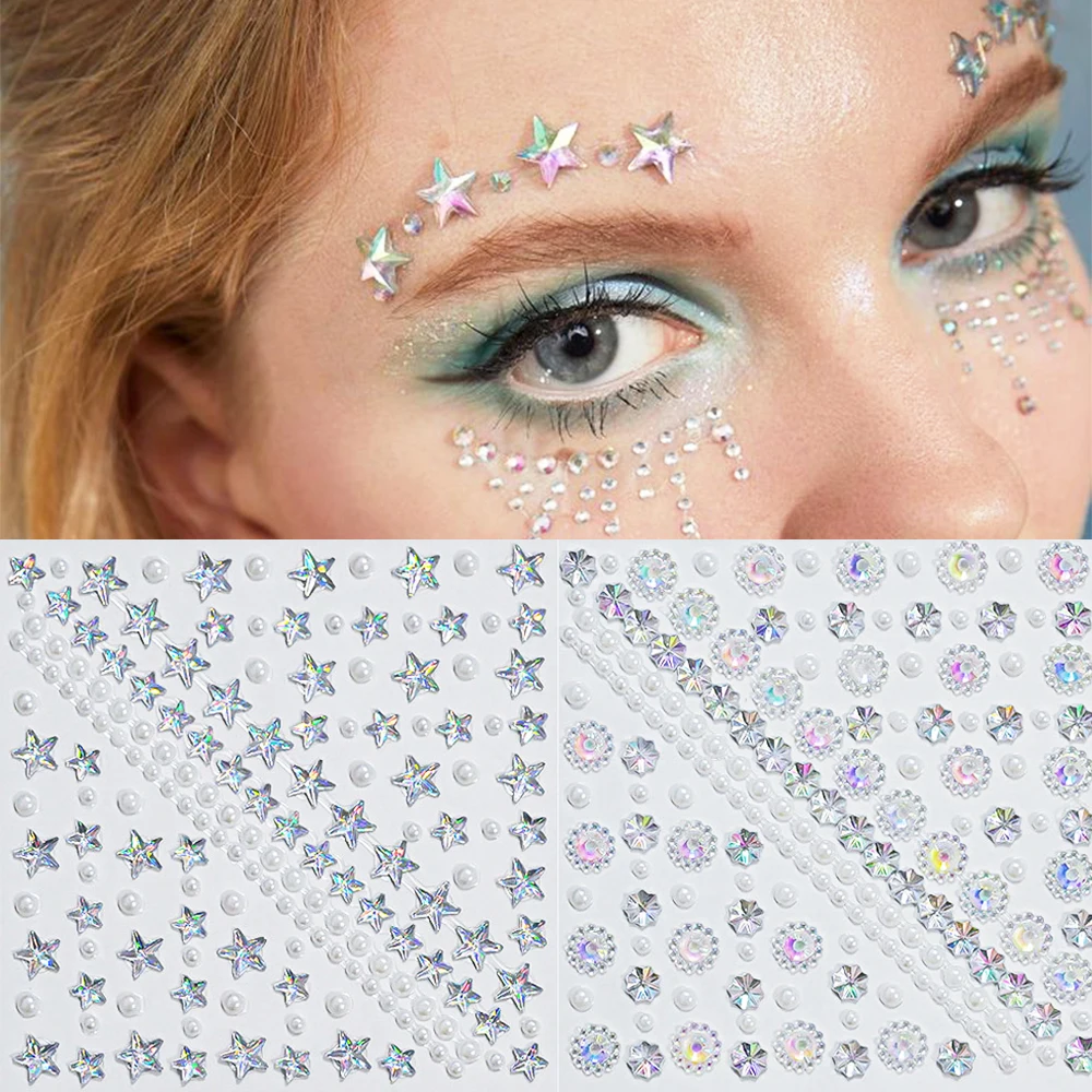 1 Sheet Aurora Stars Diamond/Pearls Face Gems Stickers Colorful Mixed Shape Rhinestones for Eyes/Face Adhesive Stickers Tattoos