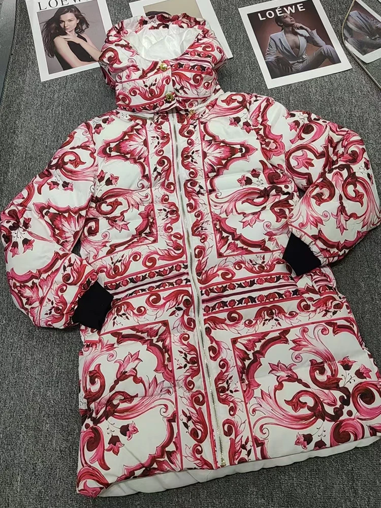 Designer's retro geometric print zipper hooded cotton-padded coat 2024 Fall Ladies new fashion all-in-one straight jacket