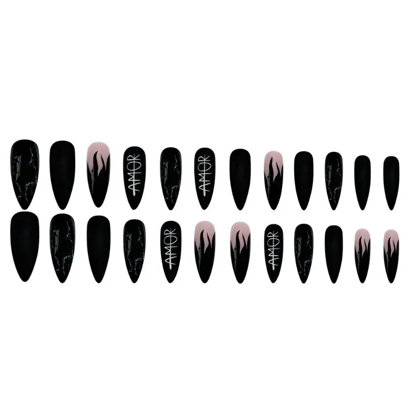 Carta Branca Decorada Unhas Postiças, Conjunto Longo de Amêndoas, Pressione Unhas, Dicas de Unhas Baratas, Conjunto Completo, Preto, Y2K, 24Pcs