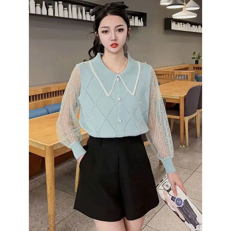 Xiaoxiangfeng Bubble Bead Baby Neck Chiffon manica lunga 2024 primavera e autunno nuovo stile camicia lavorata a maglia sottile e sottile