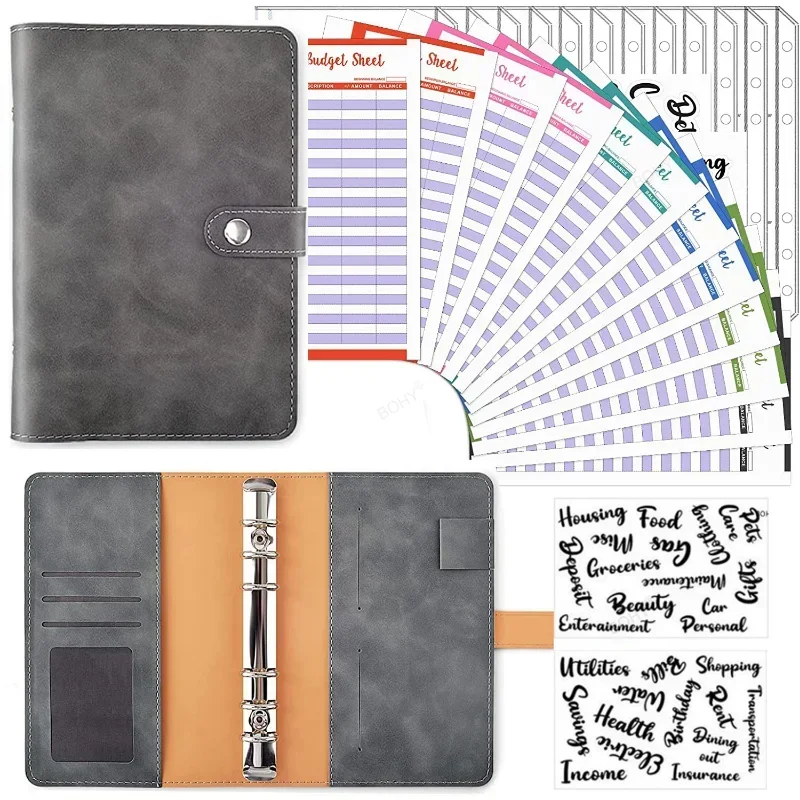 PU Leather Budget Binder para poupar dinheiro, Ring Binder, Clear Cash Envelopes Sheets, Label Stickers, Organizador para Orçamento, A6