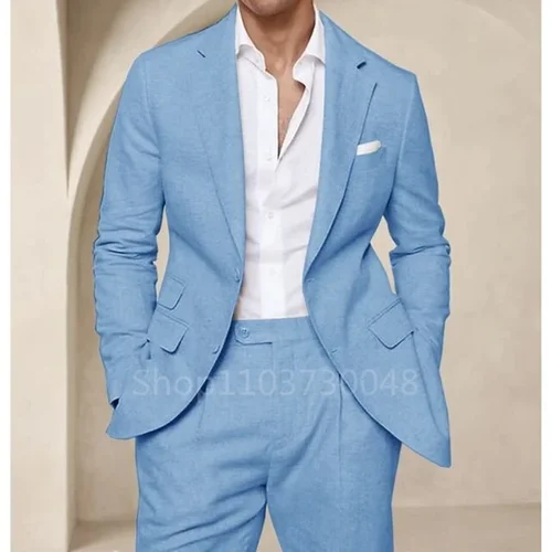 Imagen 2 del producto Traje de lino azul/Beige para hombre, Blazer de solapa de muesca con pantalones, traje informal inteligente, botonadura única, ajuste Delgado, alta calidad, 2 piezas
