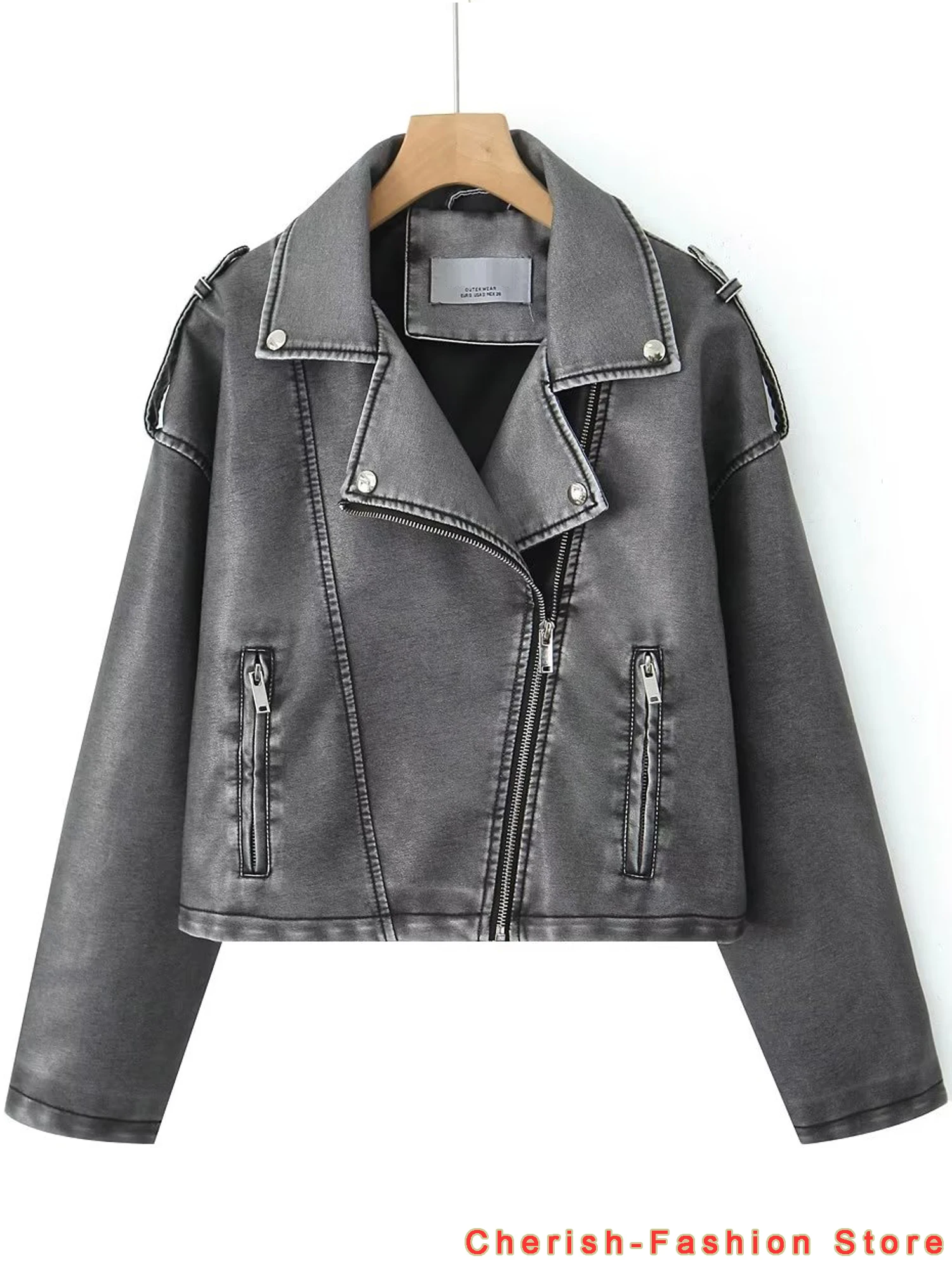 Vintage Faux Leather Short Jacket Loose PU Belt Coat Zipper Tassels Button Retro Streetwear Bomber Washed PU Faux Leather Jacket