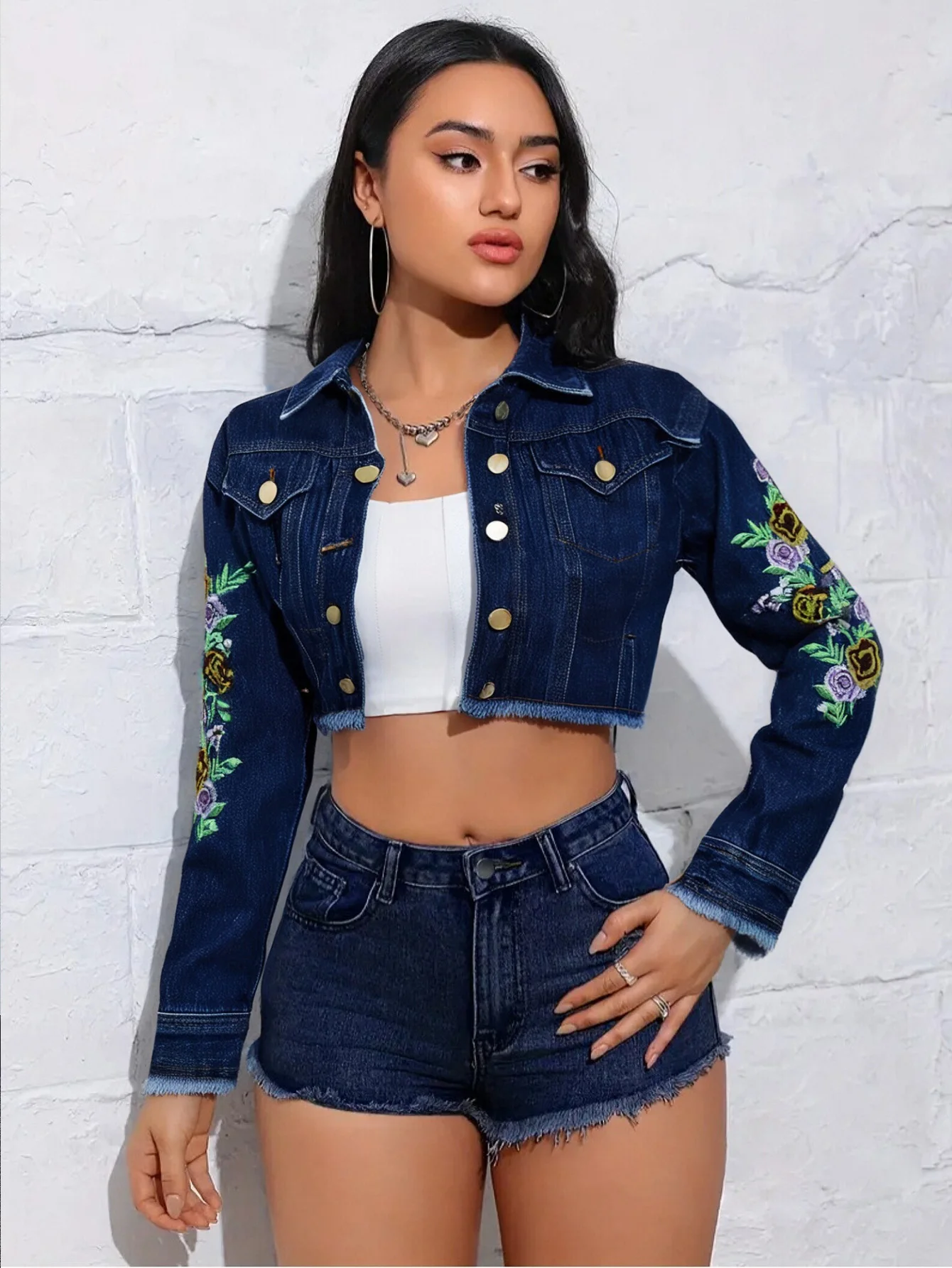 

Cropped Denim Jacket for Women - Floral Embroidery & Trendy Back Print