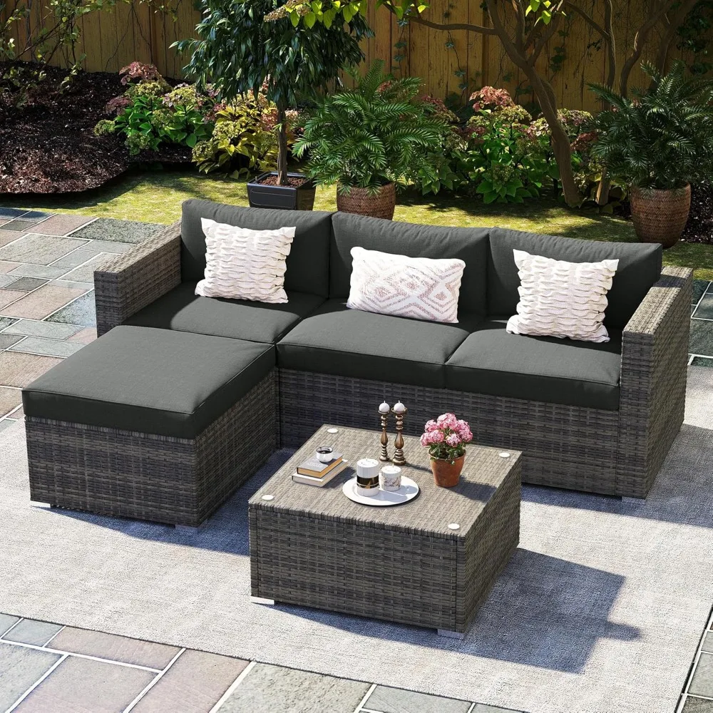 

5 Piece Outdoor Patio Furniture Set, All Weather Wicker Rattan Sectional Sofa Conversation Set with Cushions & Large Glass Coff