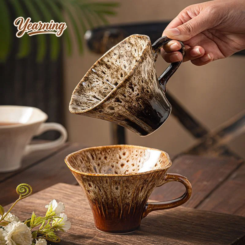 

Jianshangge Retro Underglaze Coffee Cup Textured Unique Irregular Shape Latte Art Cup Latte Mug for Home Cafe