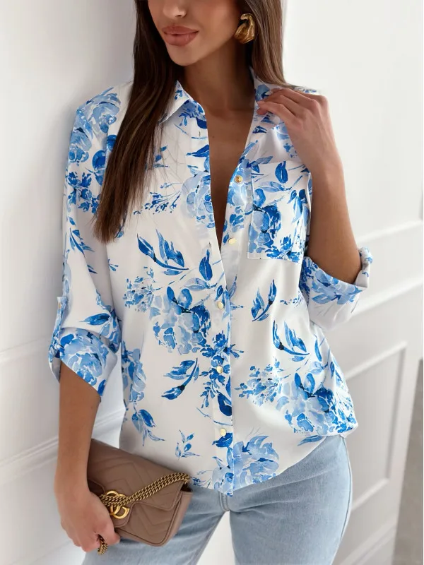 Women\'s Spring/Summer Leisure Print Shirt Fashion Flip Collar Button Elegant Commuter Long Sleeved Shirt Holiday Party Shirt