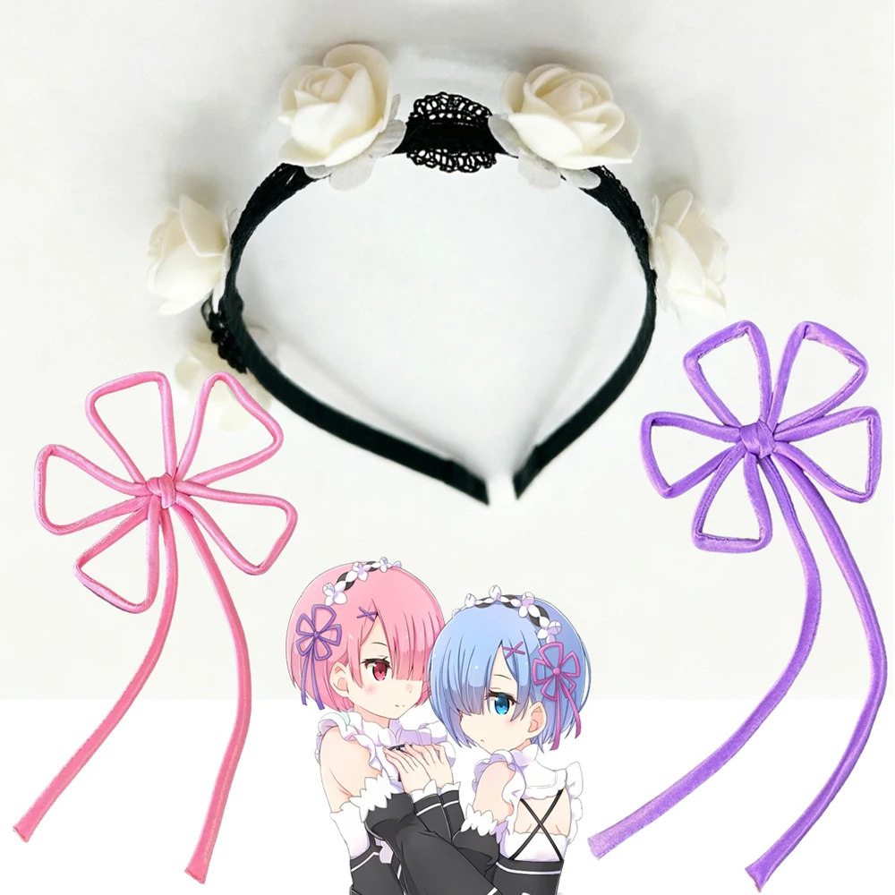 Anime Rem Ram Cosplay Hairband Girl Flower Hairpin Masquerade Hairband Headwear Carnival Hair Accessory