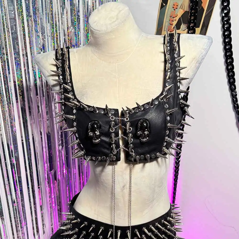 

90s Y2K Vegan Leather TOPS Emo Grunge Punk Rock Skull E-Girls Studded Rivet Kawaii Hand Made Gothic Harajuku Eco DIY