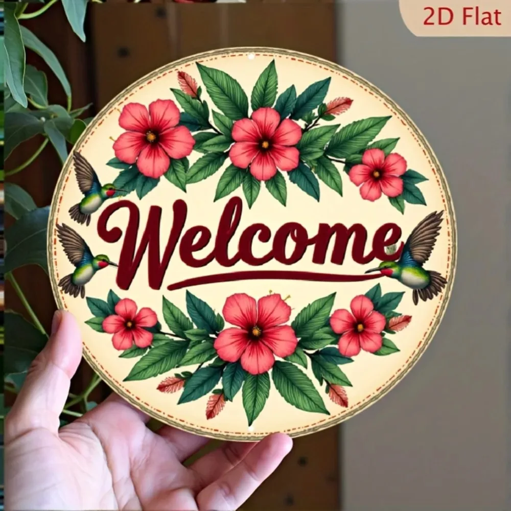 Decoração de parede de metal de boas-vindas rústica - Arte em alumínio de beija-flor floral redondo