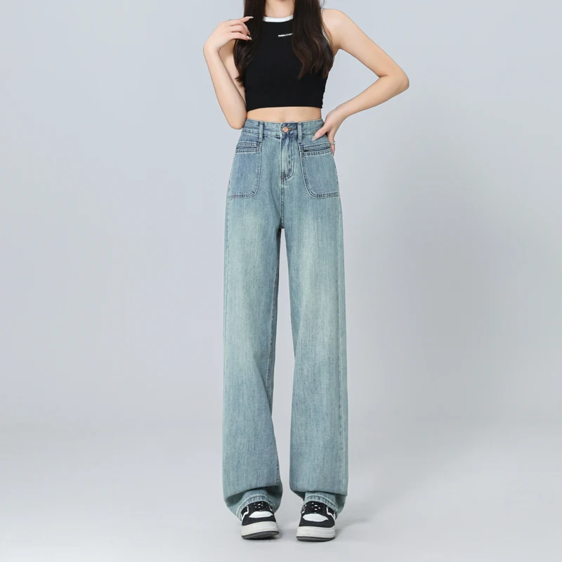 

Тонкие корейские модные стеклянные синие дизайнерские брюки с карманами и высокой талией, утягивающие прямые широкие брюки, универсальные джинсы