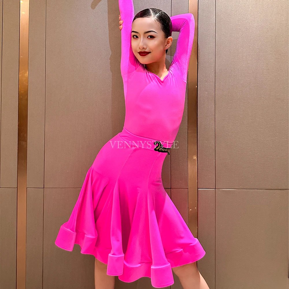 Vennystyle Latin dance competition dress Professional ballroom dance long sleeve velvet dance dress red professional dance dress