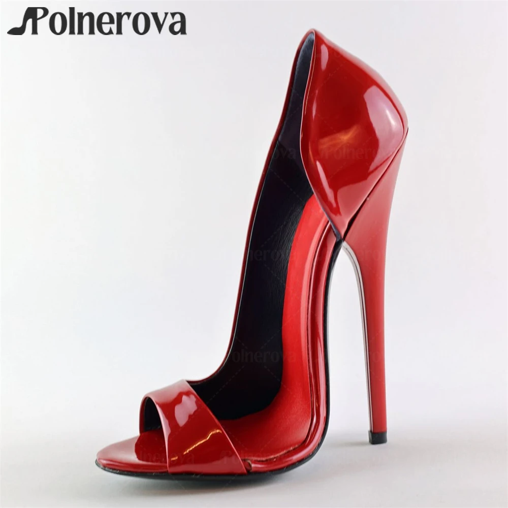 Red Patent Leather Extreme Pumps Sexy Style Peep Toe Stiletto High Heels Side Hollow Slip on Pumps for Women Handmade Large Size