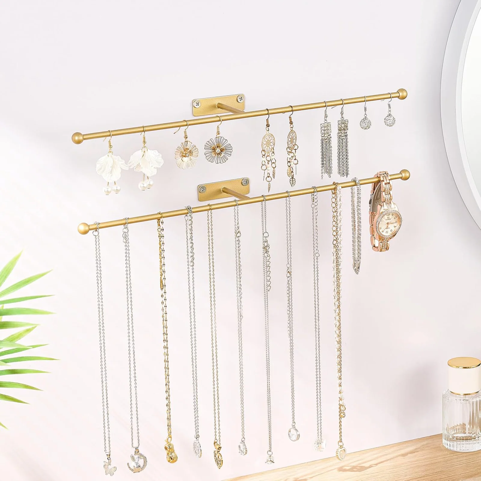 2pcs Wall Mounted Necklace Hangers Jewelry Storage Rack Earrings Bracelets Rings Hair Rings Glasses Organizer Rack with Screws