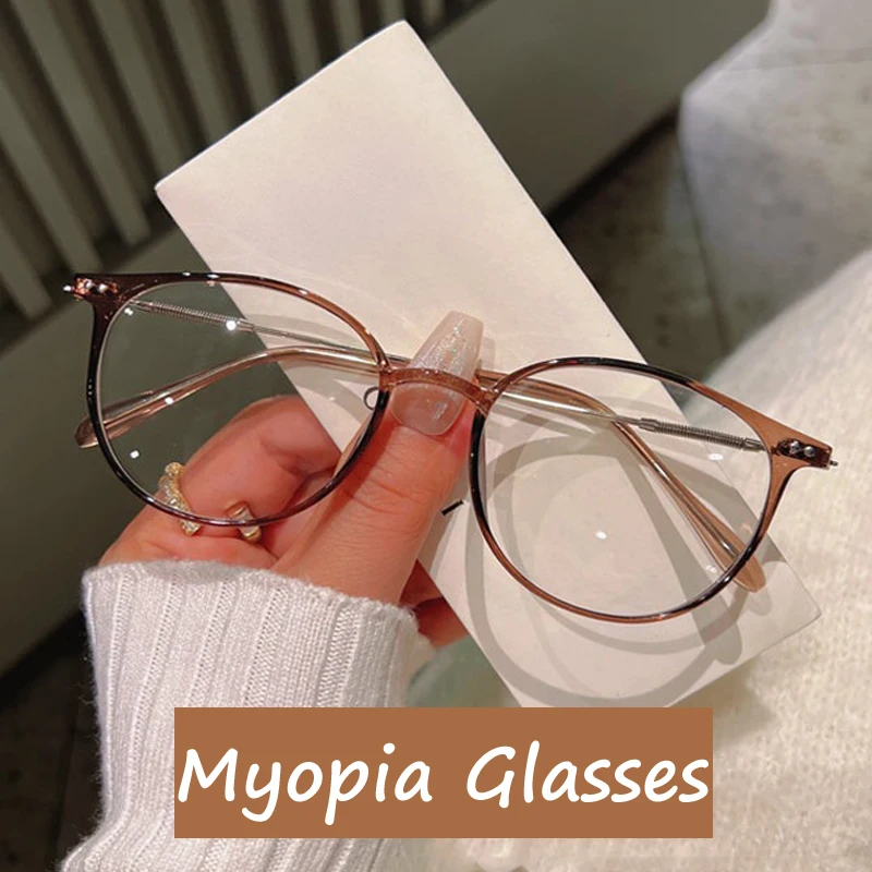 

Ladies Myopia Glasses Vintage Men Round Frame Nearsighted Eyeglasses Anti Blue Light Finished Optical Eyewear Diopter 0 To -4.0