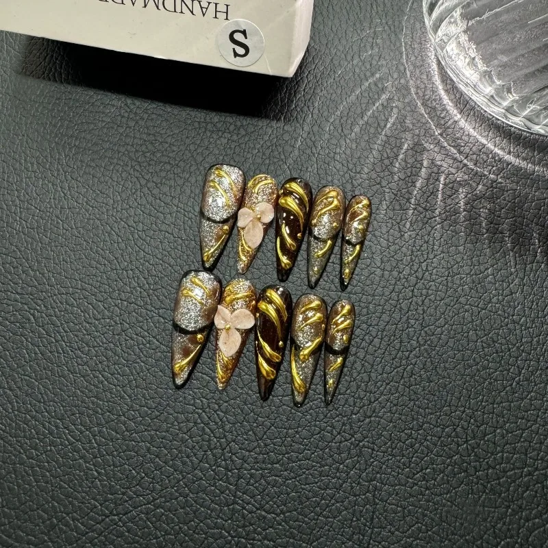 

10PCS Fall Winter Press on Nails Long Stiletto Hand Painted 3D French Tip Design Hot Girl Style False Nails Handmade New Trend