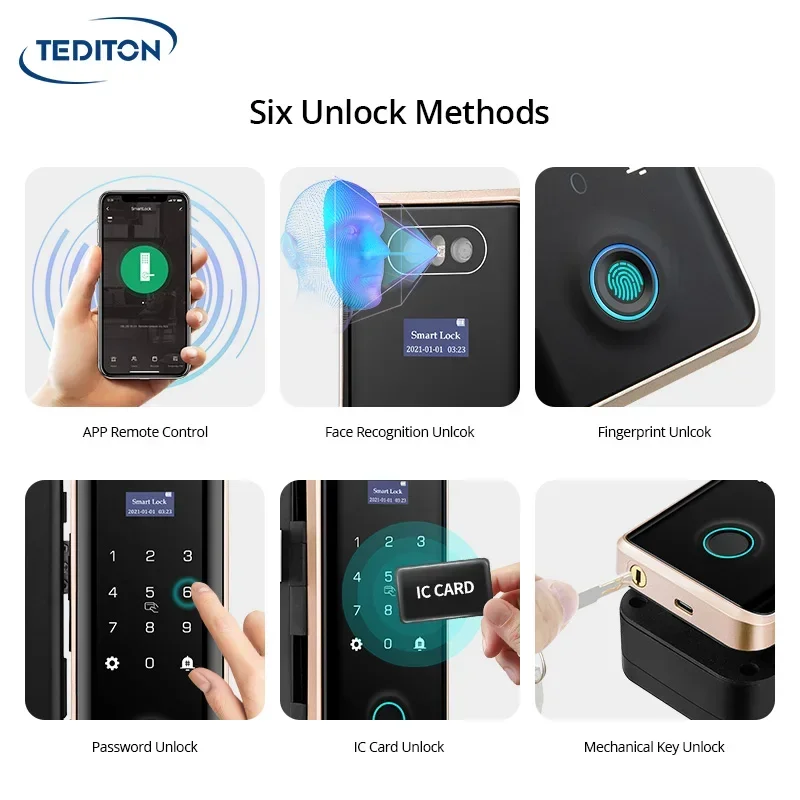 Tediton Seguridad Pantalla táctil Control remoto Contraseña digital Reconocimiento facial Cerradura de puerta de vidrio con huella digital