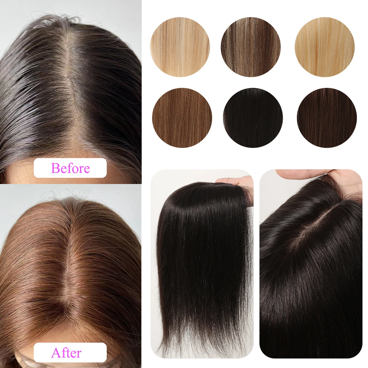 Black Human Hairs Topper Real Remy Hair Toppers Silk Base Clip in Hair Pieces for Women Afro Thinning Hair in Topper Middle Part