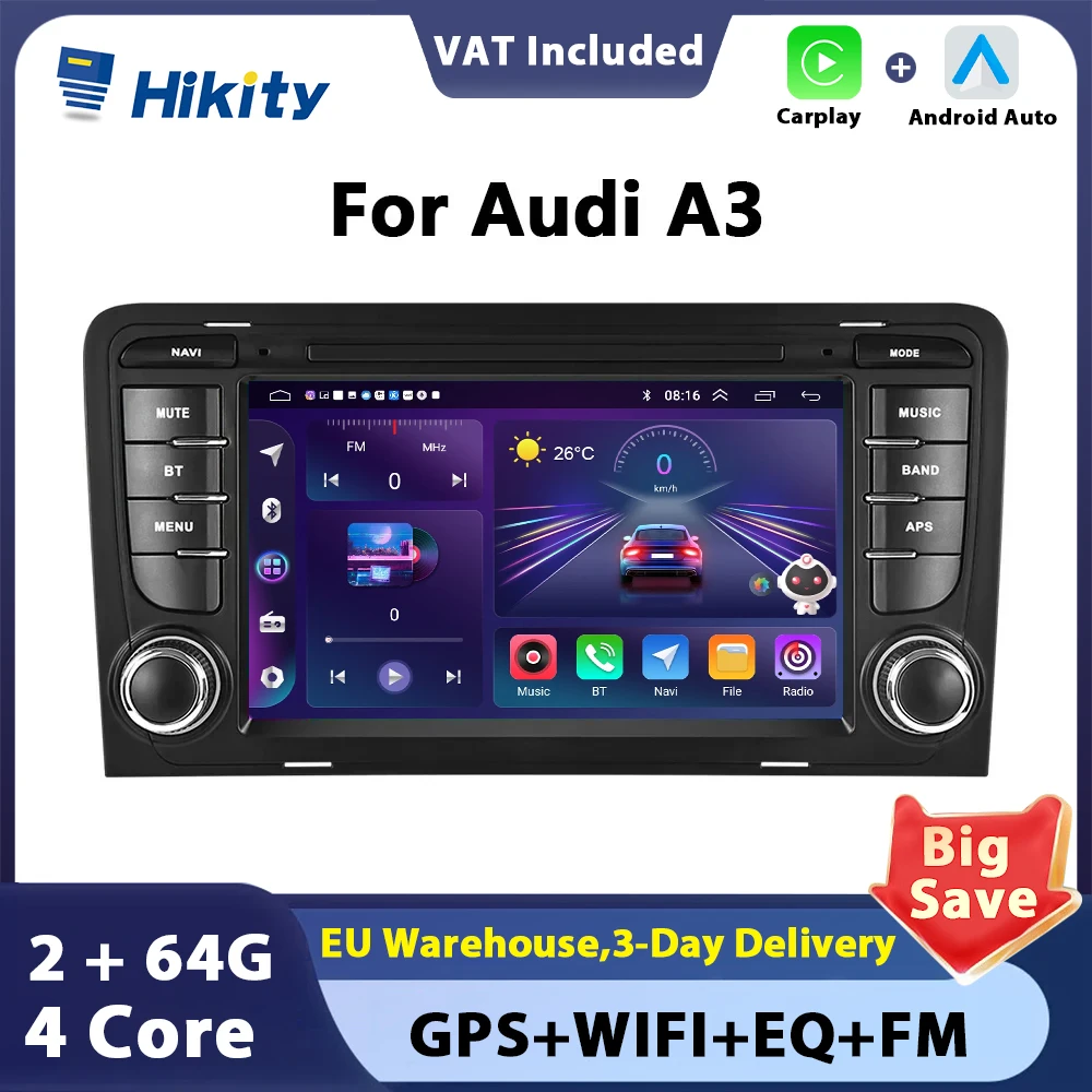 Hikity 7'' Touch Screen Carplay Android Car Radio Stereo For Audi A3 2003-2012 GPS Navigation Bluetooth USB FM Receiver 2 DIN