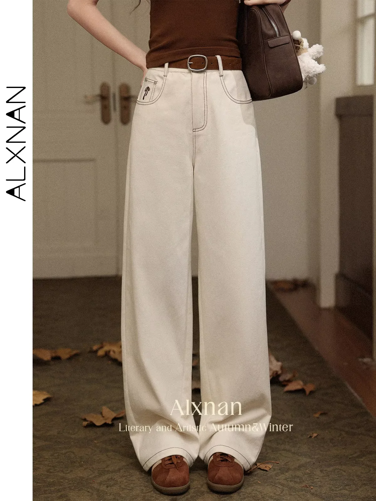 

ALXNAN Women's Wide-leg Jeans Autumn Casual Straight Baggy Pants Cotton Elegant High-waist Loose-fit Office Lady Trousers L56709