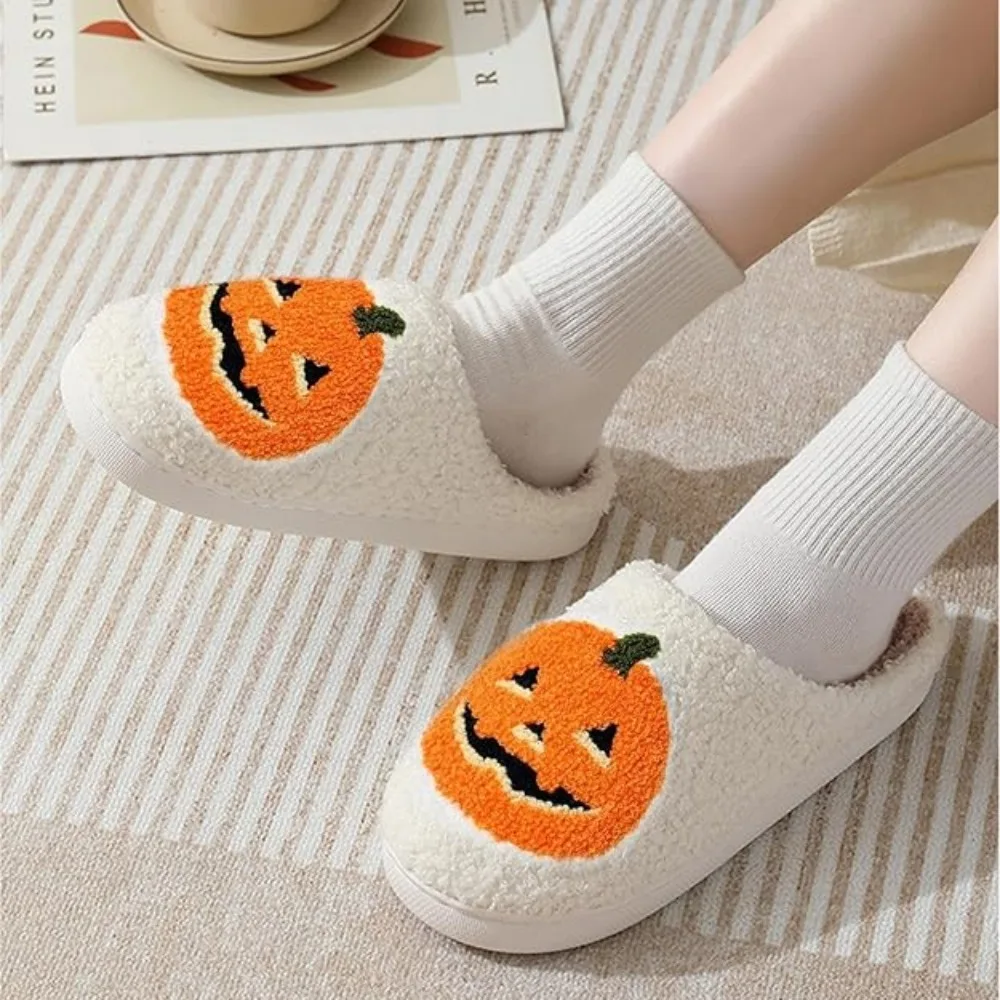 Ghost and Pumpkin Slippers Soft Plush Cozy Non-slip Rubber Sole Halloween Slippers for Women Indoor Winter Shoes Halloween Gifts