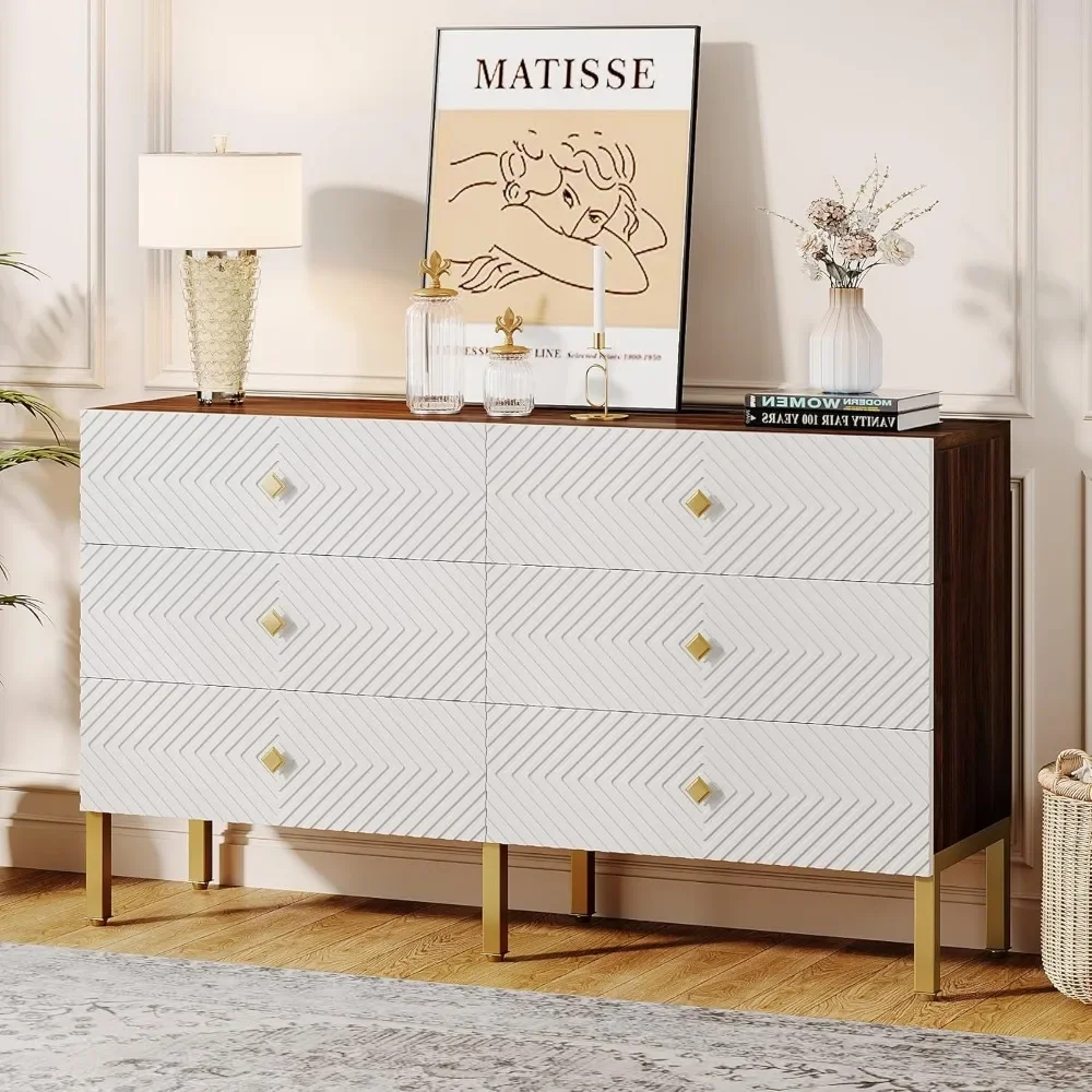 55 inch 6-drawer vanity, large double-width chest of drawers, wooden storage cabinet closet, modern 6-drawer vanity, White Brown