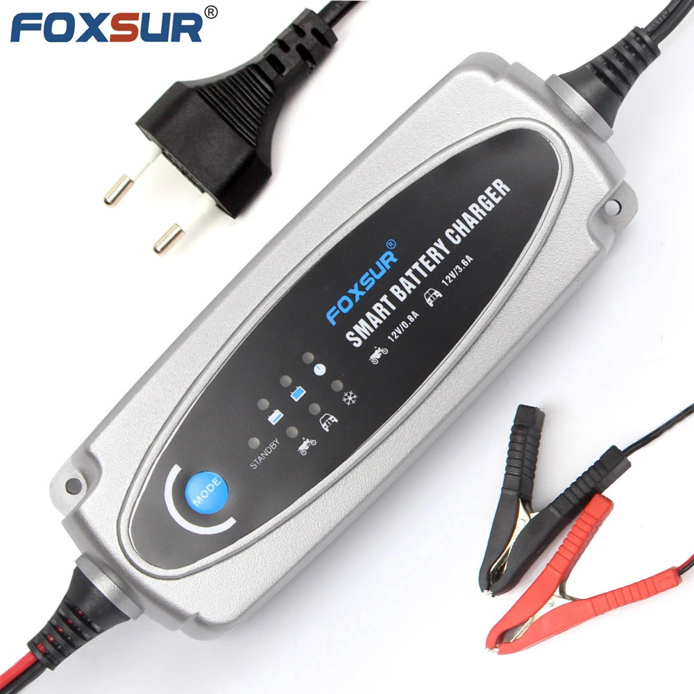 FOXSUR 12V 0.8A/3.6A Smart Battery Charger, Charge Current Selectable Lead Acid Battery Charger for Motorcycle and Car Charger