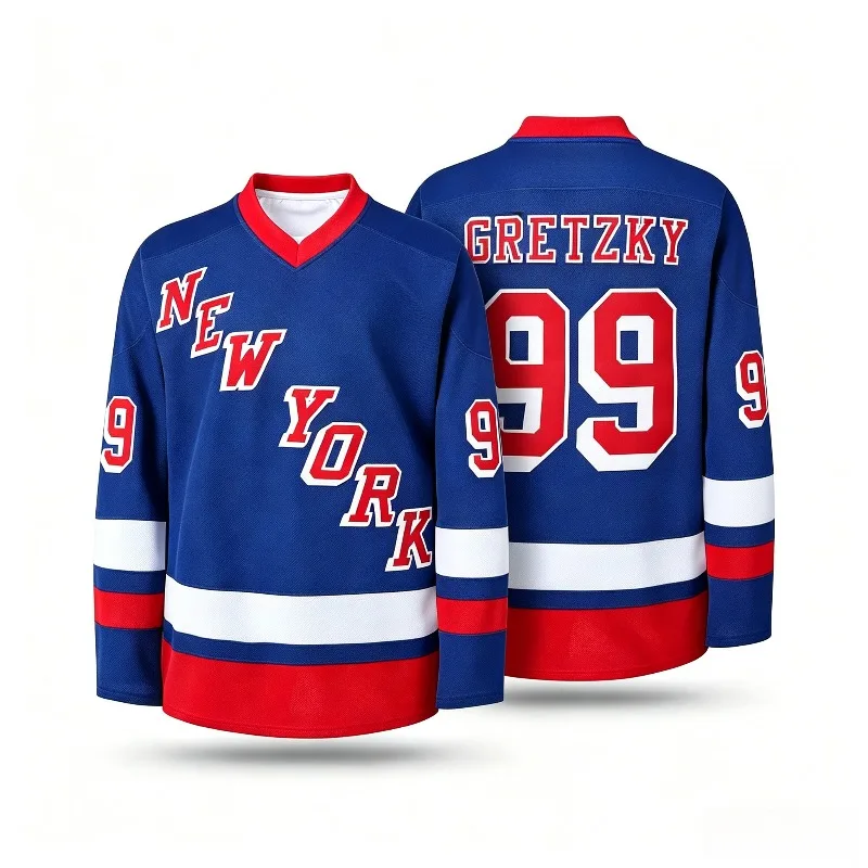Hot 3D Print Gretzky 99 Inspired New York Hockey Jersey Unisex Blue Red White Striped V‑Neck Long Sleeve Fan Sports Casual Top - view 4