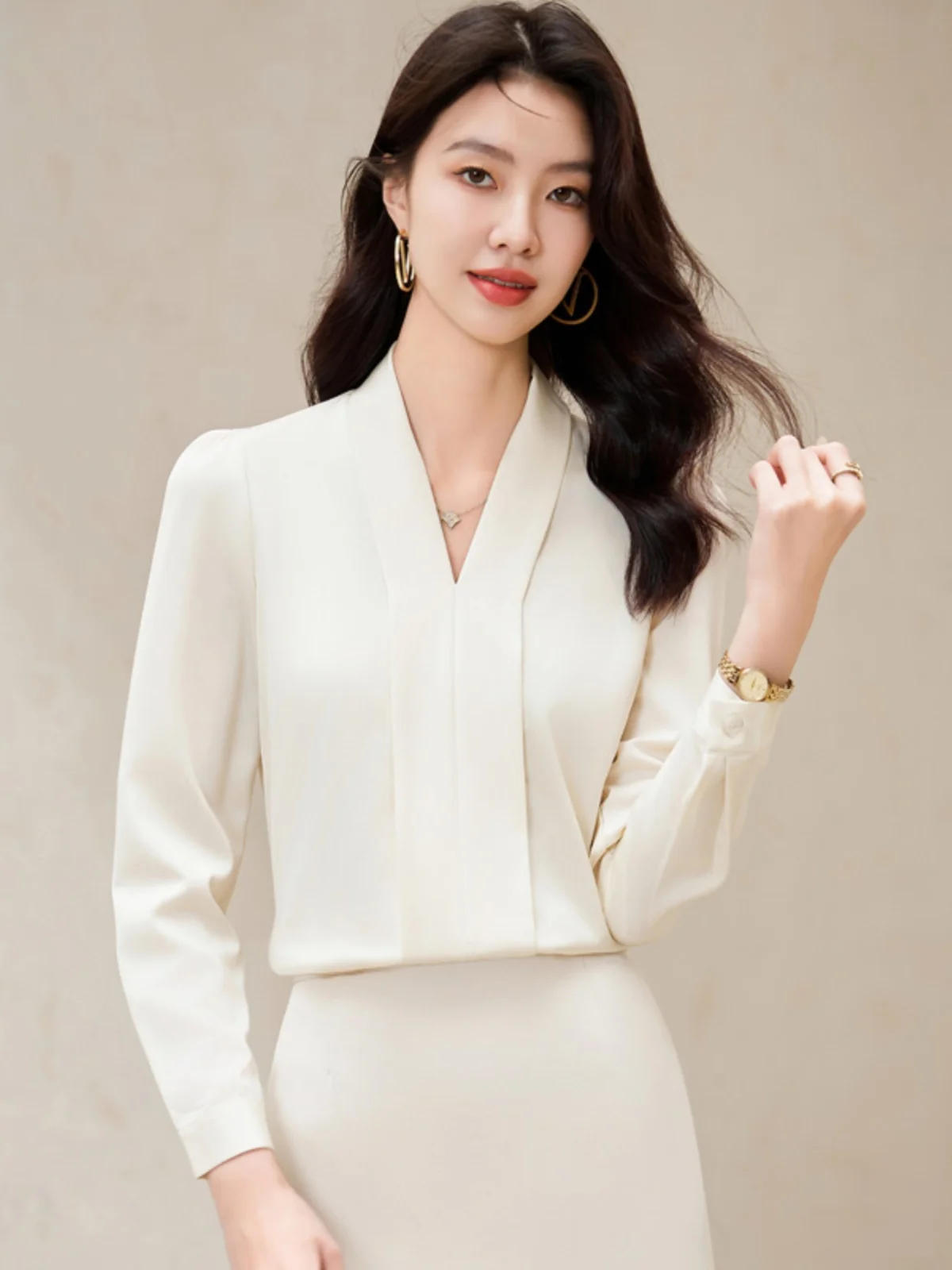 Elegant Satin Women's Shirt Fashionable Design Unique Style Professional Top Autumn Commute Ladylike Slim Fit Long Sleeve V-Neck