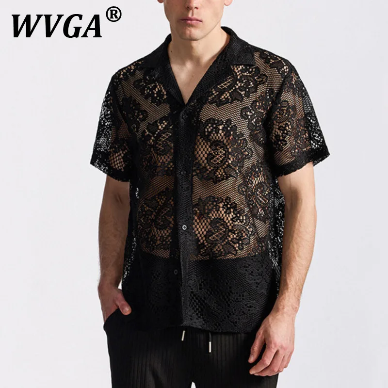 

WVGA Summer New Man Y2K High Street Oversize Top Fashion Lace Mesh Trendy Design Niche Chic Casual Short Sleeve Shirt Ins W11674