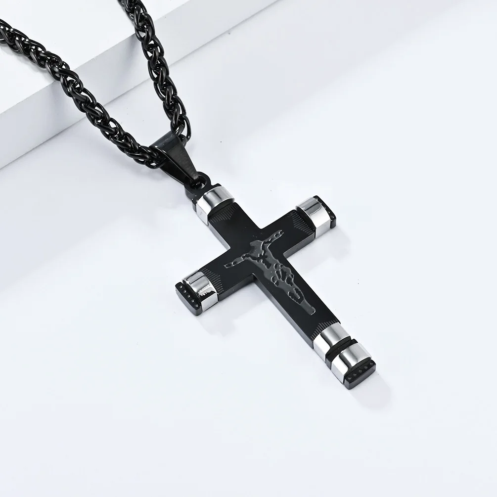 High-Quality Stainless Steel Catholicism Jesus Cross Pendant Necklace, Christian Religious Jewelry for Men