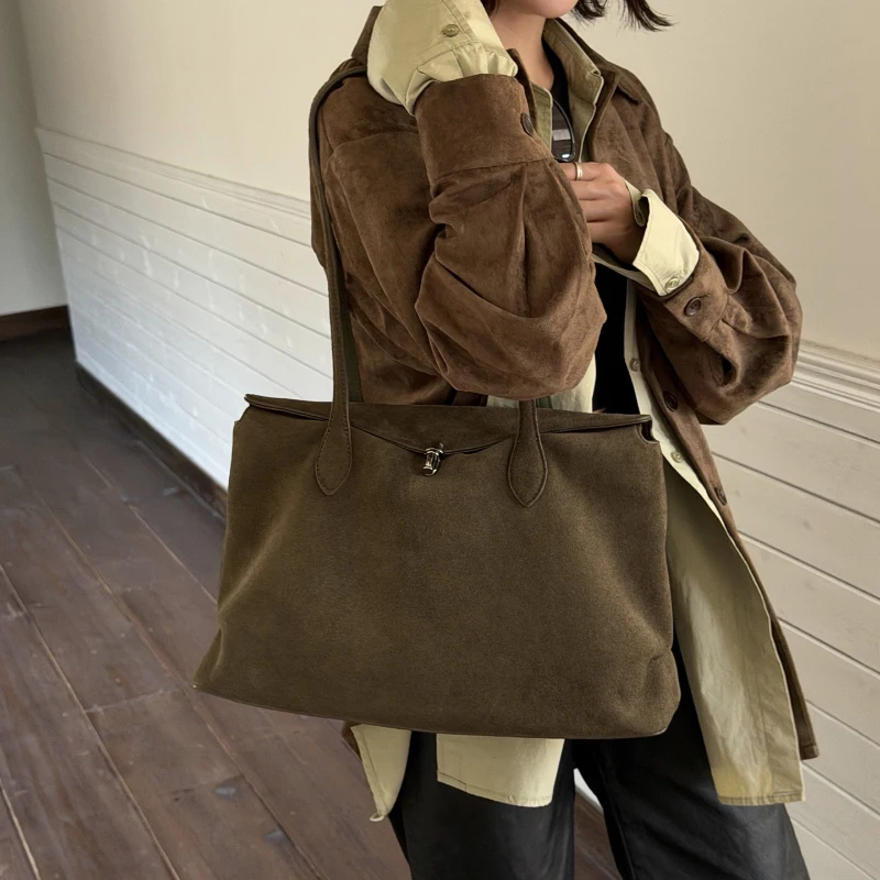 Suede Cowhide Tote Bags For Women Brand Designer Large Capacity Handbags 2026 Autumn Winter Elegant Commuter Shoulder Bag Ladies