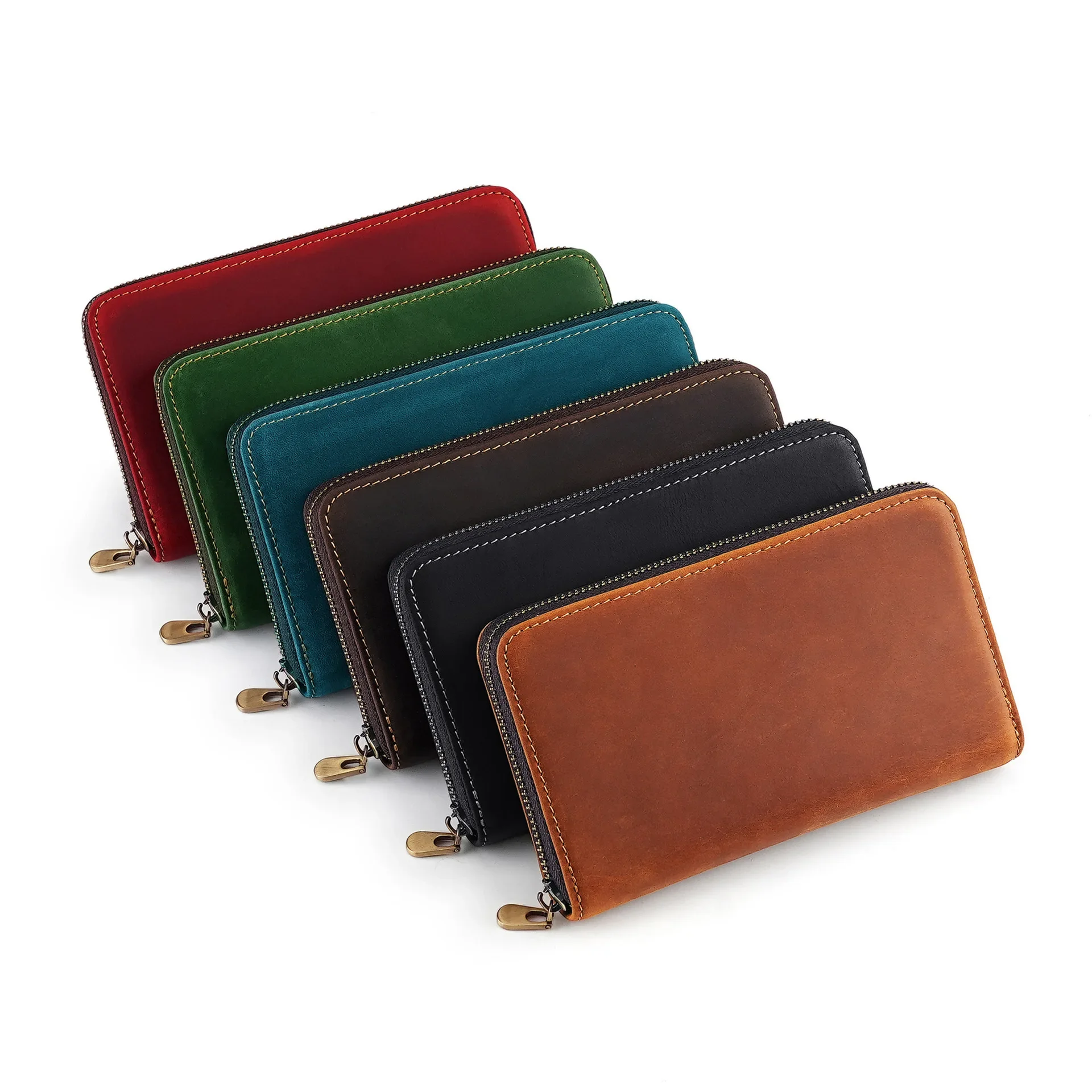 Vintage Zippered Pen Pouch Genuine Leather Multifunctional Business Pen Storage Wallets for Pencil Cards Tickets Receipt