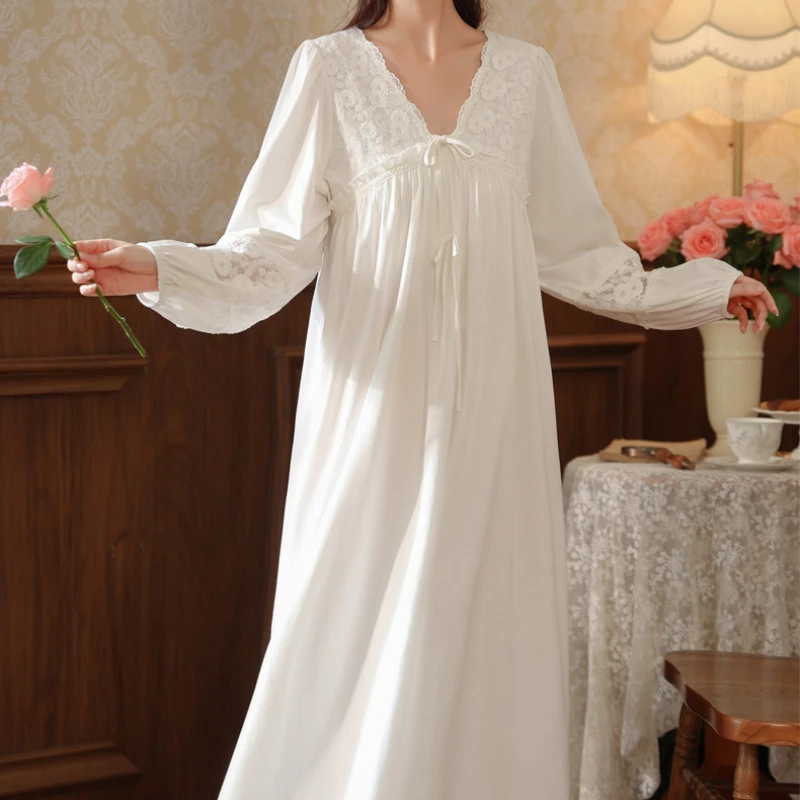 Vintage Spring Autumn Cotton Nightgown Women Lace V Neck Nightdress Solid Color Princess Sleepwear Fairy Long Sleeve Night Dress