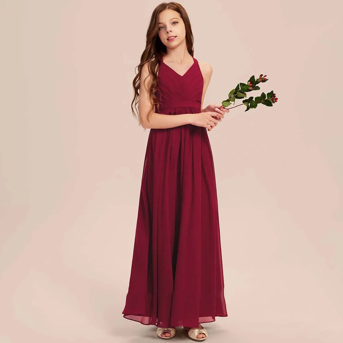 YZYmanualroom Chiffon Junior Bridesmaid Dress A-line V-Neck Floor-Length 2-15T