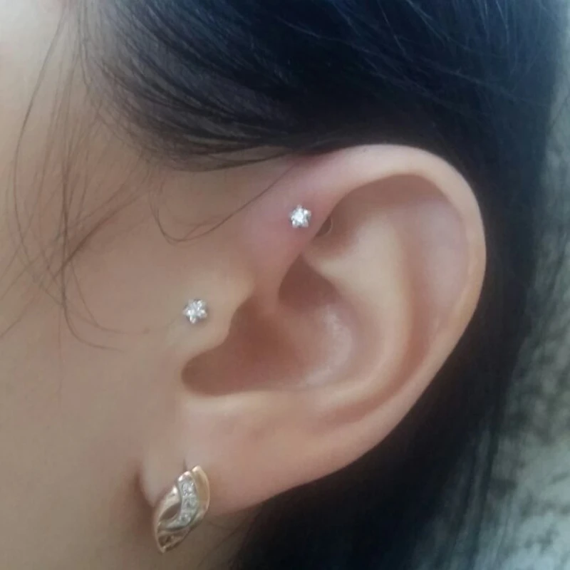 1Pc Double Round Zircon Tragus Earring 2-5mm Zircon Anodized Internally Threaded Prong Gem Monroe 16G Tragus Helix Ear Piercing