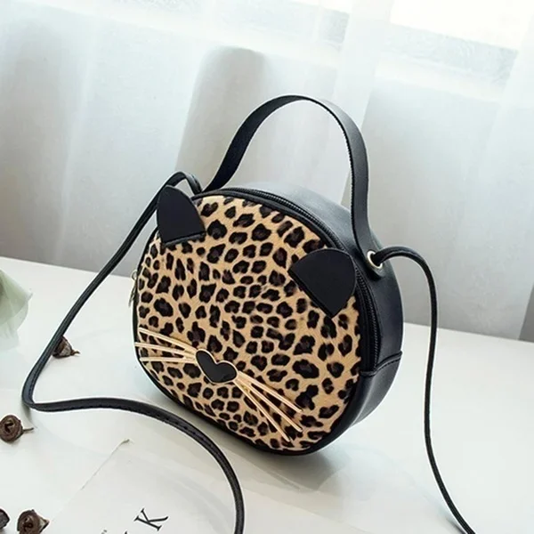 2023 Autumn New Korean Leopard Cat Small Round Bag Single Shoulder Oblique Cross PU Women\'s Bag Mobile Zero Wallet