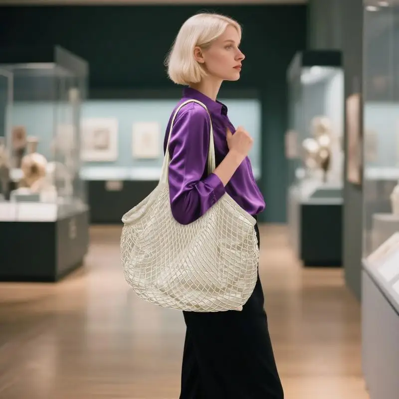 

Хлопковая сетчатая сумка Многоразовые хлопковые сумки для покупок Сетчатая сумка-тоут с длинной ручкой Большая вместительная сумка на плечо Эластичный органайзер для продуктов