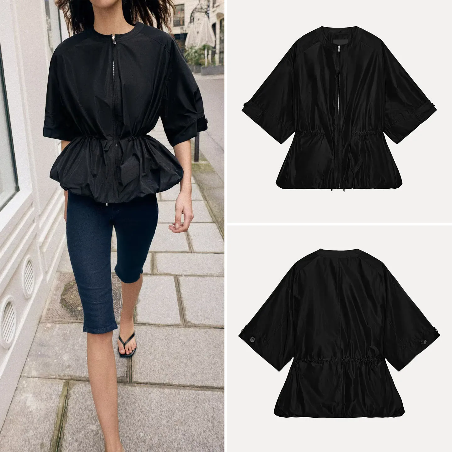 

Fashionable round Neck Puffy Hem Short Sleeve Parka Jacket Women's Spring 2026 ZADATA Waist-Cinching Other Material Outerwear