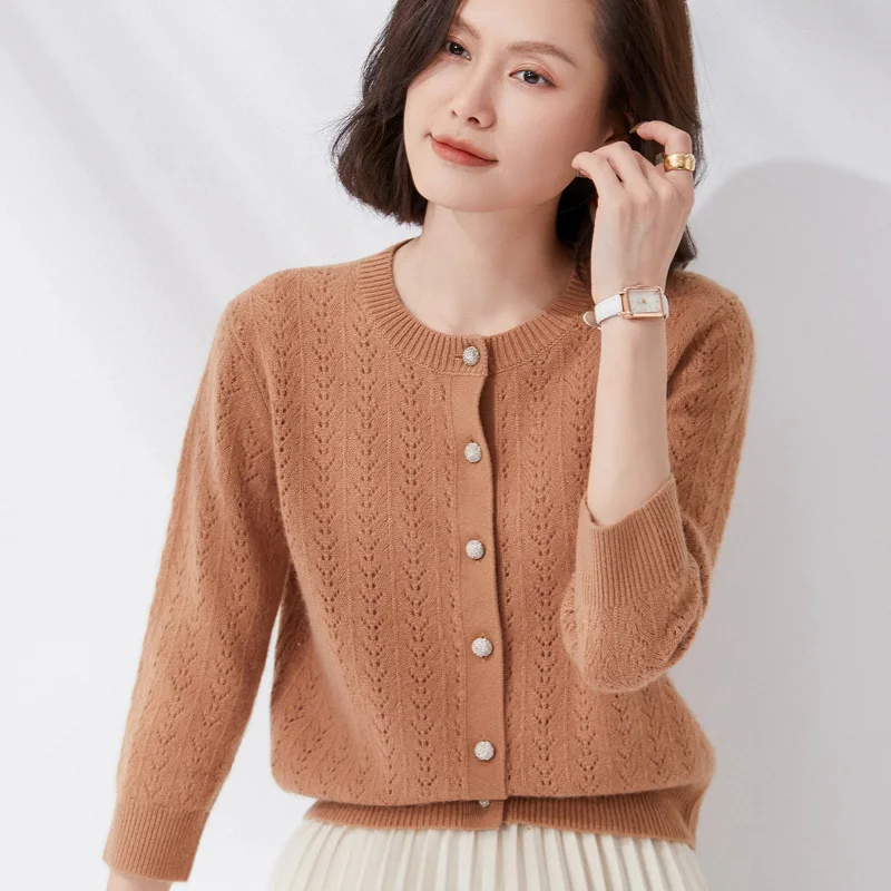 Women's Early Autumn Round Neck Knitted Cardigan Hollow Long-Sleeve Loose Temperament 2022 New Women's Single-Breasted Sweater